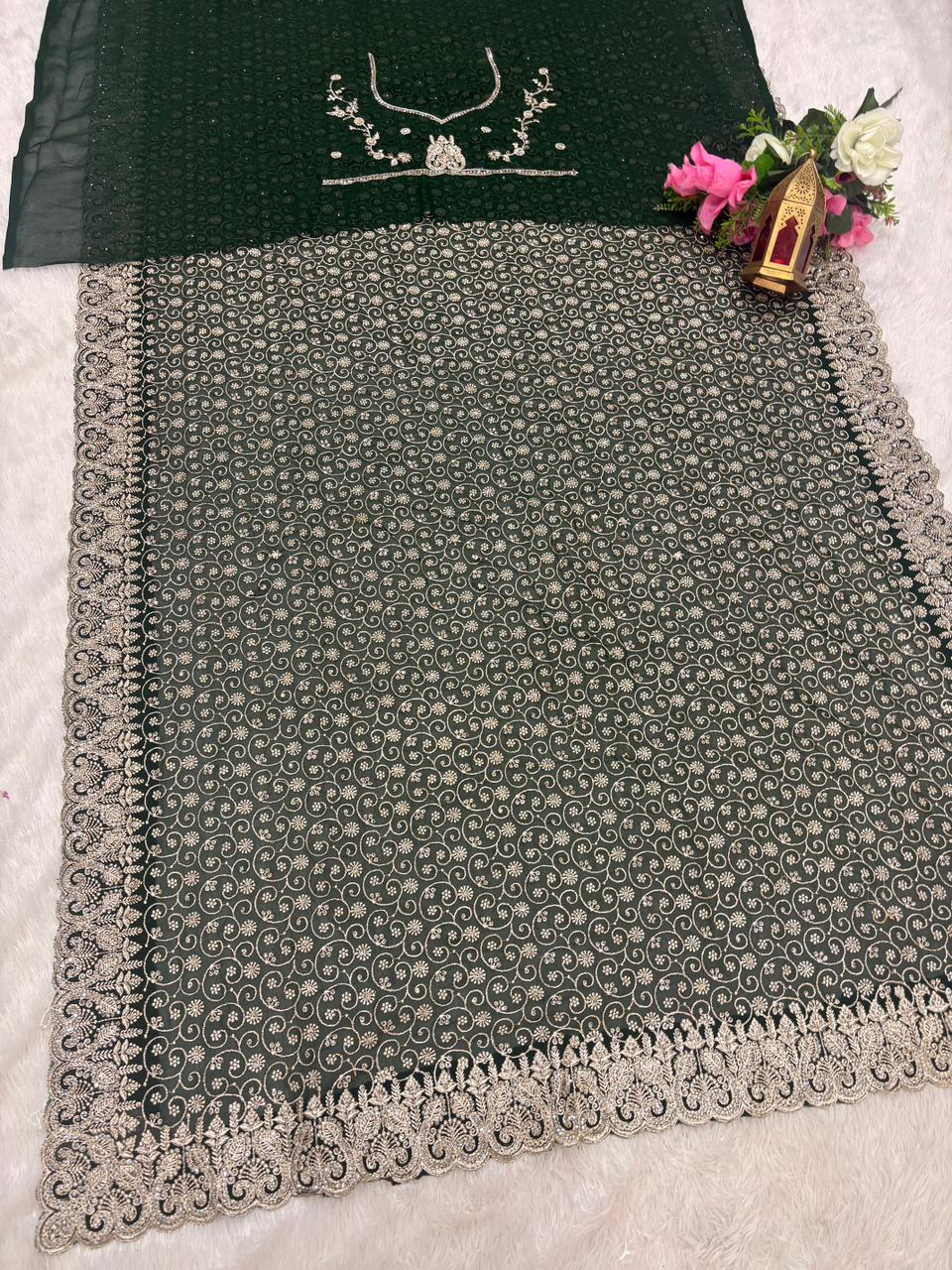 BS-SRI-LANKA BLOOMING FABRIC SAREE WITH HEAVY EMBROIDERY WORK ON SAREE WITH HEAVY JARKAN WORK ON SAREE WITH HEAVY BLOUSE
