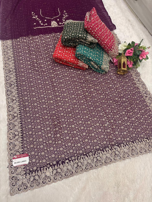 BS-SRI-LANKA BLOOMING FABRIC SAREE WITH HEAVY EMBROIDERY WORK ON SAREE WITH HEAVY JARKAN WORK ON SAREE WITH HEAVY BLOUSE