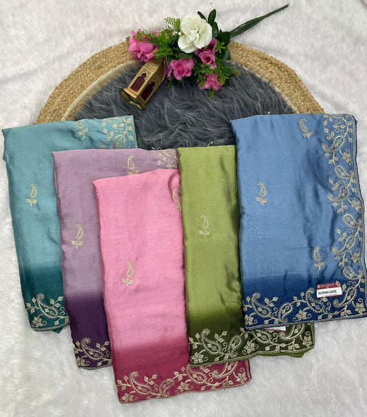 SB-DRAMA QUEEN SOFT FANCY FABRIC SAREE WITH SHADED COLOUR WITH BEAUTIFUL EMBROIDERY WORK WITH WORK BLOUSE
