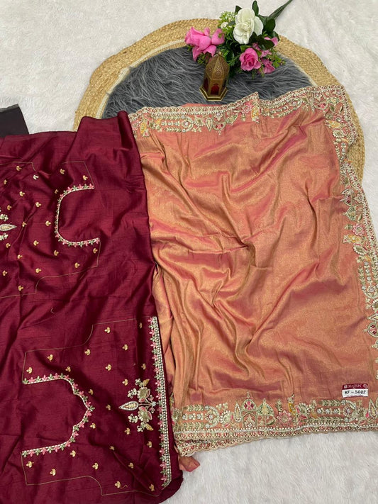 KF-5002 FANCY TISSUE FABRIC SAREE WITH EMBORDERY WORK WITH THREAD WORK WITH BEAUTIFUL DEISGN WITH CUTWORK WITH BEAUTIFUL BORDER WITH HEAVY BLOUSE