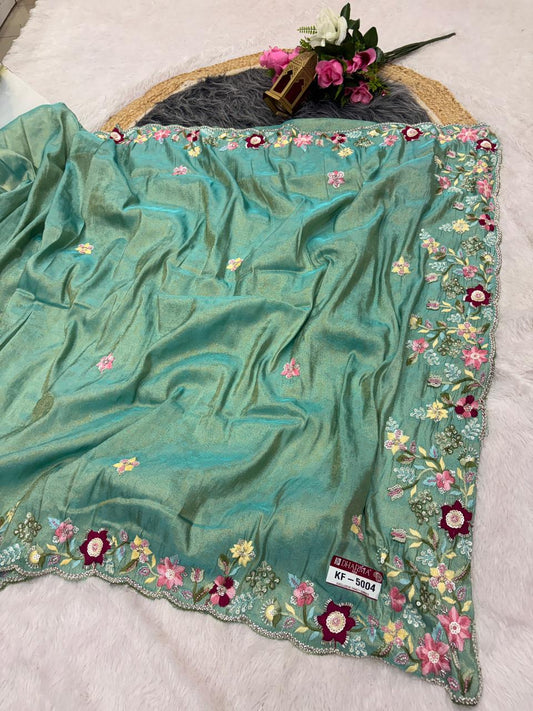 KF-5004 FANCY TISSUE FABRIC SAREE WITH HEAVY HANDWORK WITH THREAD WORK WITH BEAUTIFUL FLORAL DESIGN WITH HEAVY CONTRAST BLOUSE