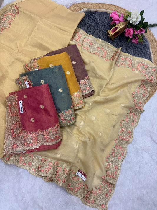 KF-5005 FANCY TISSUE FABRIC SAREE WITH HEAVY EMBROIDERY WORK WITH JAKRAN WORK WITH SELF WEAVING WORK WITH HEAVY BLOUSE