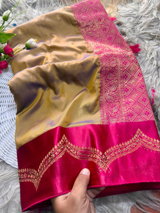 SA-7086 SOFT SILK FABRIC SAREE WITH BEAUTIFUL RICH PALLU DESIGN WITH SIROSKI WORK WITH TASSELS WITH BLOUSE