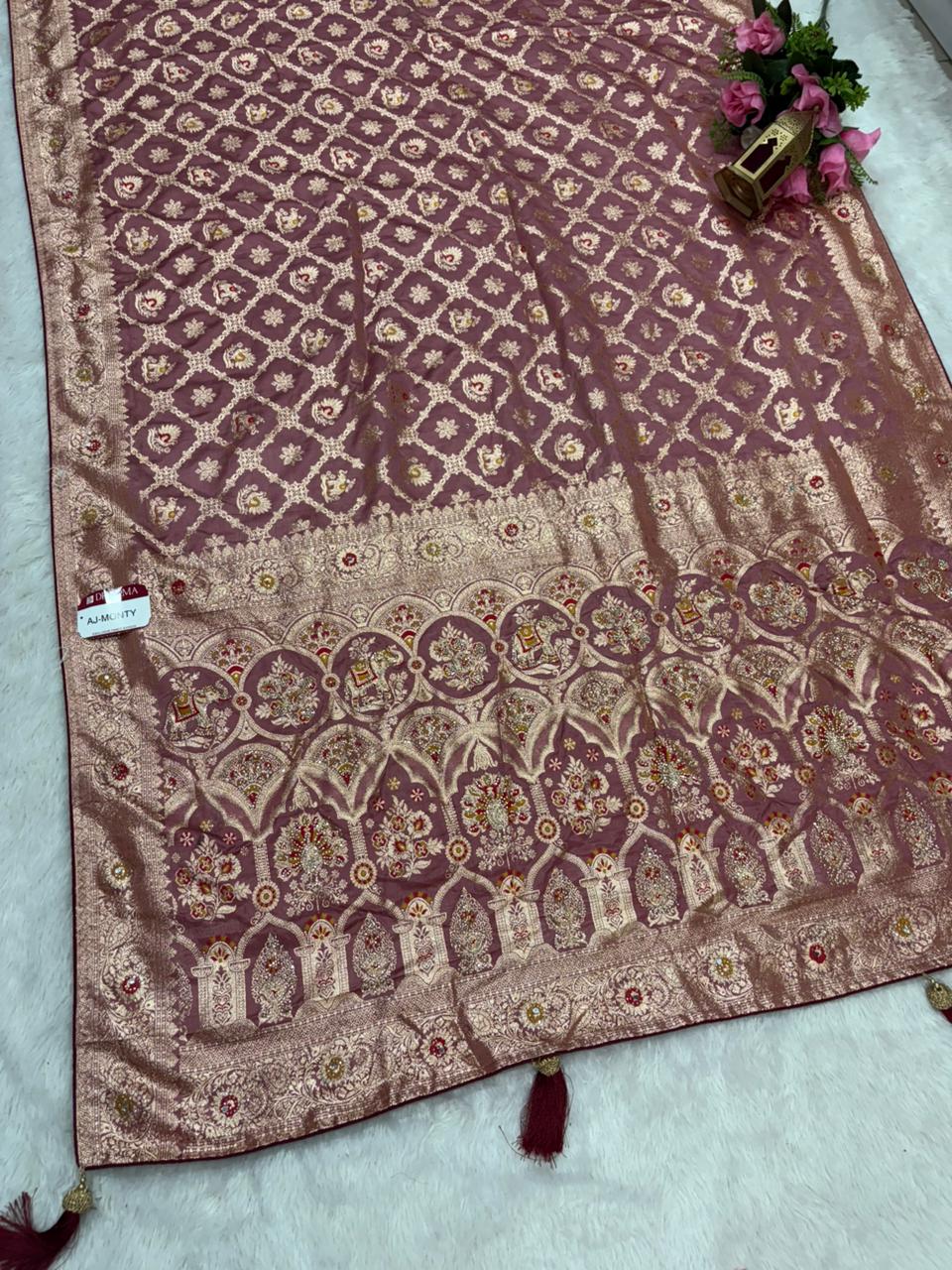 AJ-MONTY Satin silk saree with dusty matching saree with multi meena work with ghatchola pattern