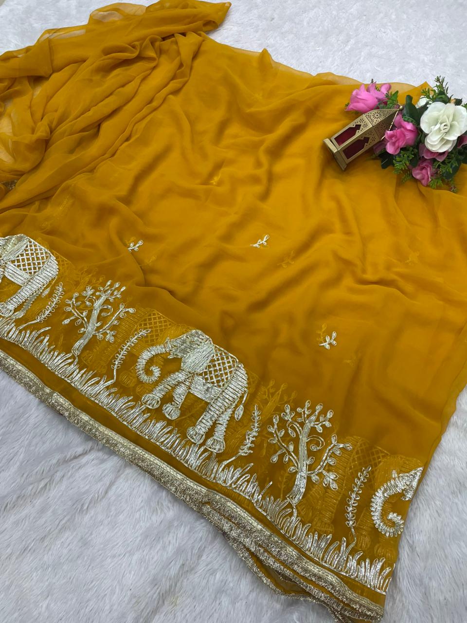 SF-ABCD-DARK STAR GEORGETTE FABRIC SAREE WITH BRAUTIFUL GAJRAJ DESIGN WITH GOTAPATTI WORK WITH BEAUTIFUL LACE