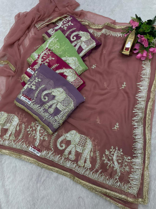 SF-ABCD-LIGHT STAR GEORGETTE FABRIC SAREE WITH BRAUTIFUL GAJRAJ DESIGN WITH GOTAPATTI WORK WITH BEAUTIFUL LACE