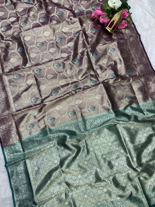 AJ-KESHAVI TISSUE KOTA FABRIC SAREE WITH CONTRAST PALLU WITH MEENAKARI DESIGN ON BODY WITH BUTTI CONRAST BLOUSE