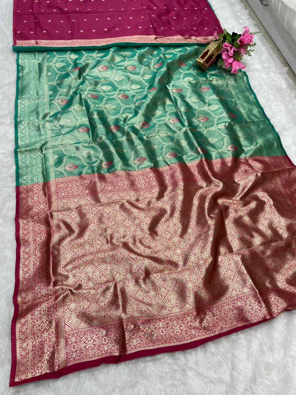 AJ-KESHAVI TISSUE KOTA FABRIC SAREE WITH CONTRAST PALLU WITH MEENAKARI DESIGN ON BODY WITH BUTTI CONRAST BLOUSE