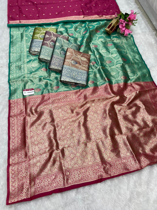 AJ-KESHAVI TISSUE KOTA FABRIC SAREE WITH CONTRAST PALLU WITH MEENAKARI DESIGN ON BODY WITH BUTTI CONRAST BLOUSE