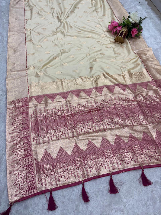 AJ-WHITE PARI SOFT SILK FABRIC SAREE WITH BEAUTIFUL DESIGN WITH CONTRAST PALLU AND BLOUSE WITH HEAVY TASSELS WITH BLOUSE