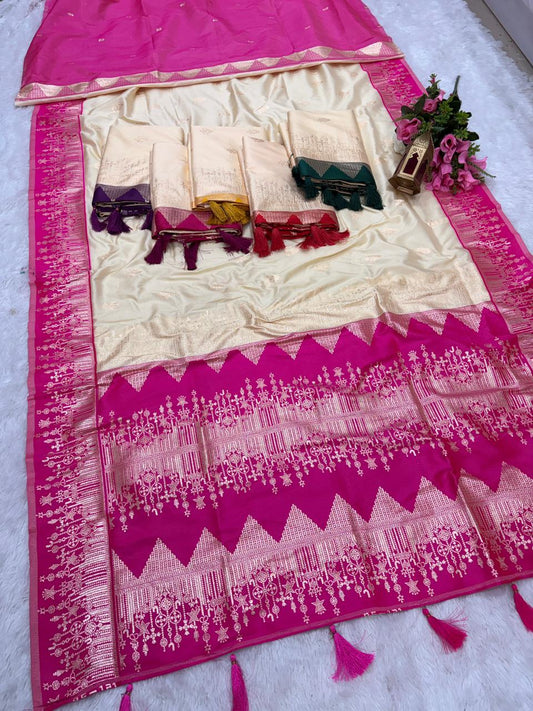 AJ-WHITE PARI SOFT SILK FABRIC SAREE WITH BEAUTIFUL DESIGN WITH CONTRAST PALLU AND BLOUSE WITH HEAVY TASSELS WITH BLOUSE