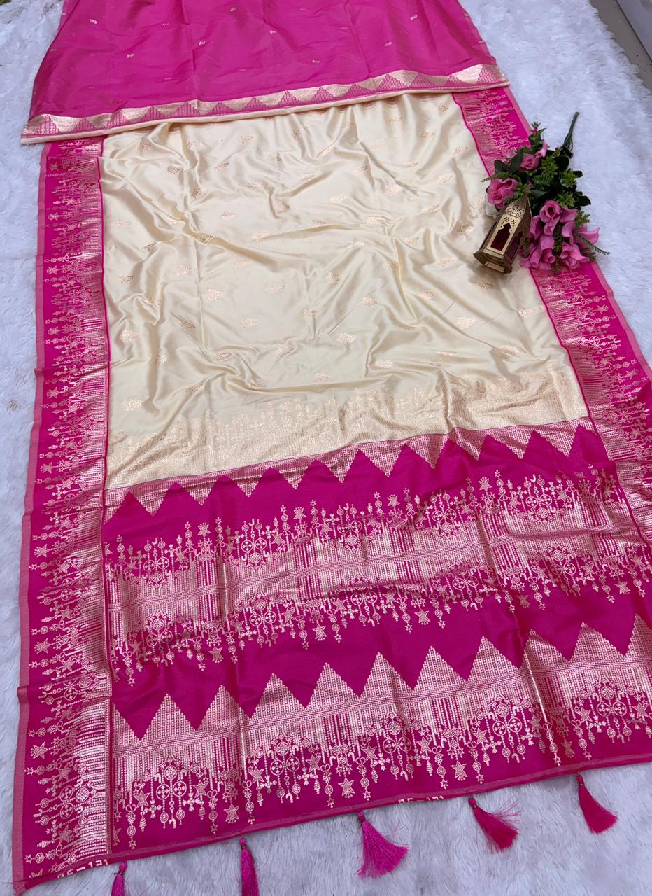 AJ-WHITE PARI SOFT SILK FABRIC SAREE WITH BEAUTIFUL DESIGN WITH CONTRAST PALLU AND BLOUSE WITH HEAVY TASSELS WITH BLOUSE