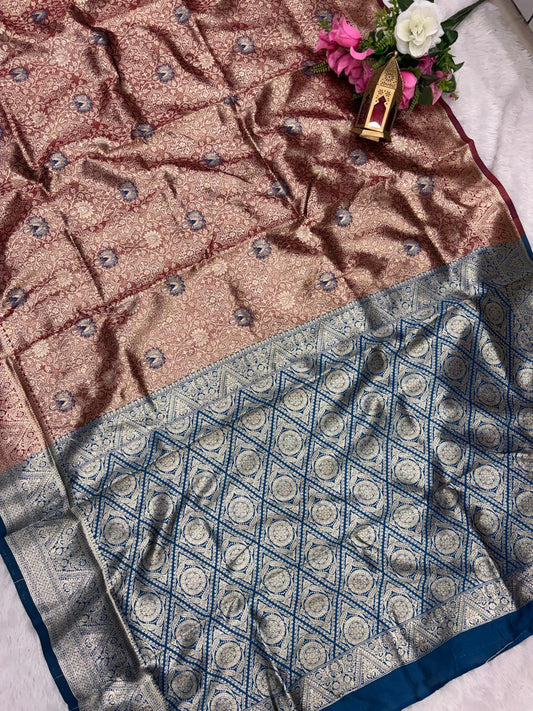 AJ-SUNIDHI TISSUE KOTA FABRIC SAREE WITH CONTRAST PALLU WITH MEENAKARI DESIGN ON BODY WITH BUTTI CONRAST BLOUSE