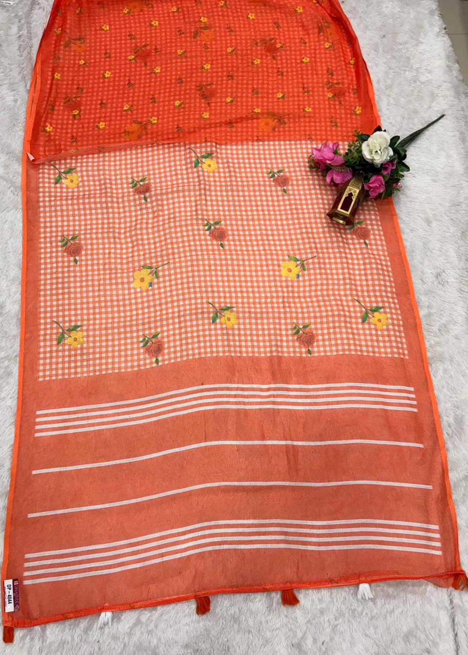 DP-4044 VIRAL LINEN DIGITAL PRINT SAREE WITH BOX DESIGN WITH TONE TO TONE TASSELS WITH BEAUTIFUL BLOUSE
