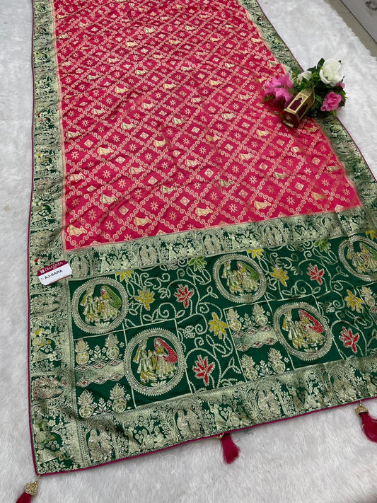 AJ-SARA NAYLON SATIN FABRIC SAREE WITH BEAUTIFUL GHATCOLA DESIGN WITH RICH PALLU DESIGN WITH CHAP HEAVY JARKAN WORK WITH CONTRAST PALLU AND LUXURIOUS TASSELS WITH BUTTI BLOUSE