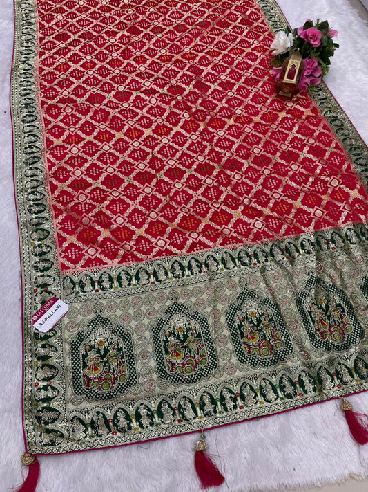 AJ-PALLAVI NAYLON SATIN FABRIC SAREE WITH BEAUTIFUL GHATCOLA DESIGN WITH RICH PALLU DESIGN WITH CHAP HEAVY JARKAN WORK WITH CONTRAST PALLU AND LUXURIOUS TASSELS WITH BUTTI BLOUSE