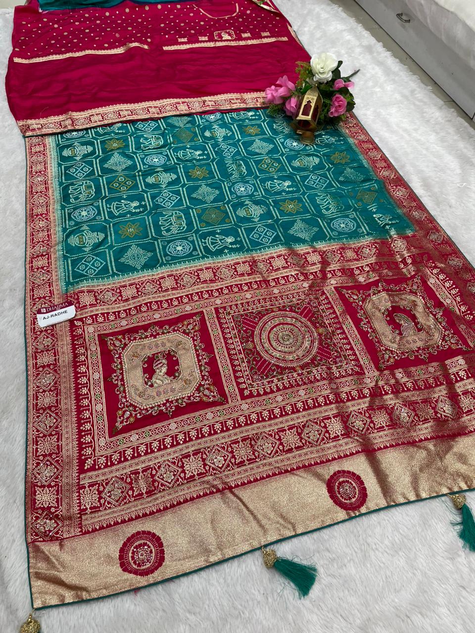 AJ-RADHE NAYLON SATIN FABRIC SAREE WITH BEAUTIFUL BANDHANI DESIGN WITH RICH PALLU DESIGN WITH CHAP DYING WITH CONTRAST PALLU AND LUXURIOUS TASSELS WITH FARMA BLOUSE