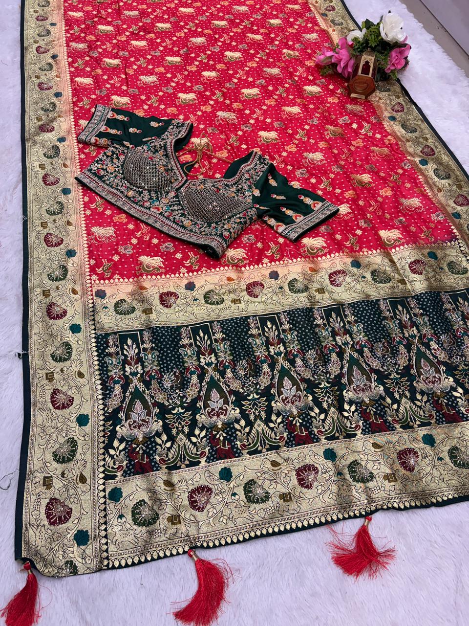 BS-DIVINE EUROPIAN DOLA SILK SAREE WITH 2D DYING WITH HEAVY MEENA WORK WITH JARKAN SIROSKI WORK WITH STITCH BLOUSE