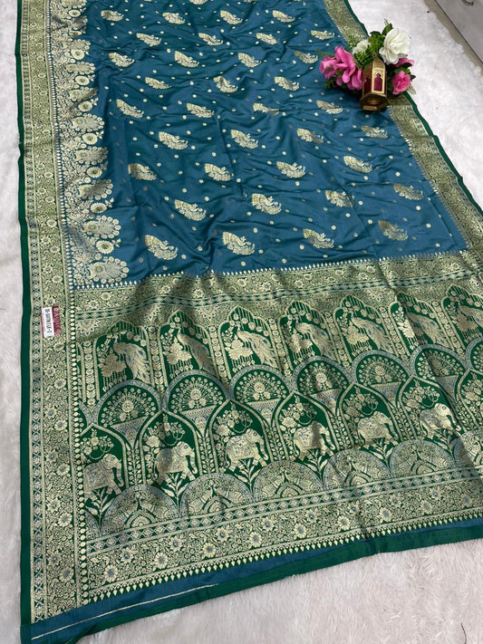 SB-SARTIN SILK-2 SATIN SILK FABRIC SAREE WITH BEAUTIFUL DESIGN WITH BEAUTIFUL PEACOCK AND GAJRAJ DESIGN ON PALLU WITH 2D DYING WITH BLOUSE