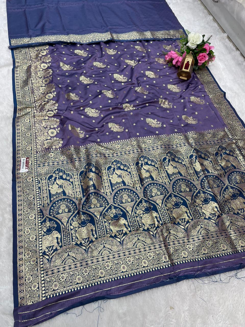 SB-SARTIN SILK-2 SATIN SILK FABRIC SAREE WITH BEAUTIFUL DESIGN WITH BEAUTIFUL PEACOCK AND GAJRAJ DESIGN ON PALLU WITH 2D DYING WITH BLOUSE
