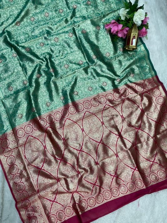 AJ-RASHLEELA TISSUE KOTA FABRIC SAREE WITH CONTRAST PALLU WITH MEENAKARI DESIGN ON BODY WITH BUTTI CONRAST BLOUSE