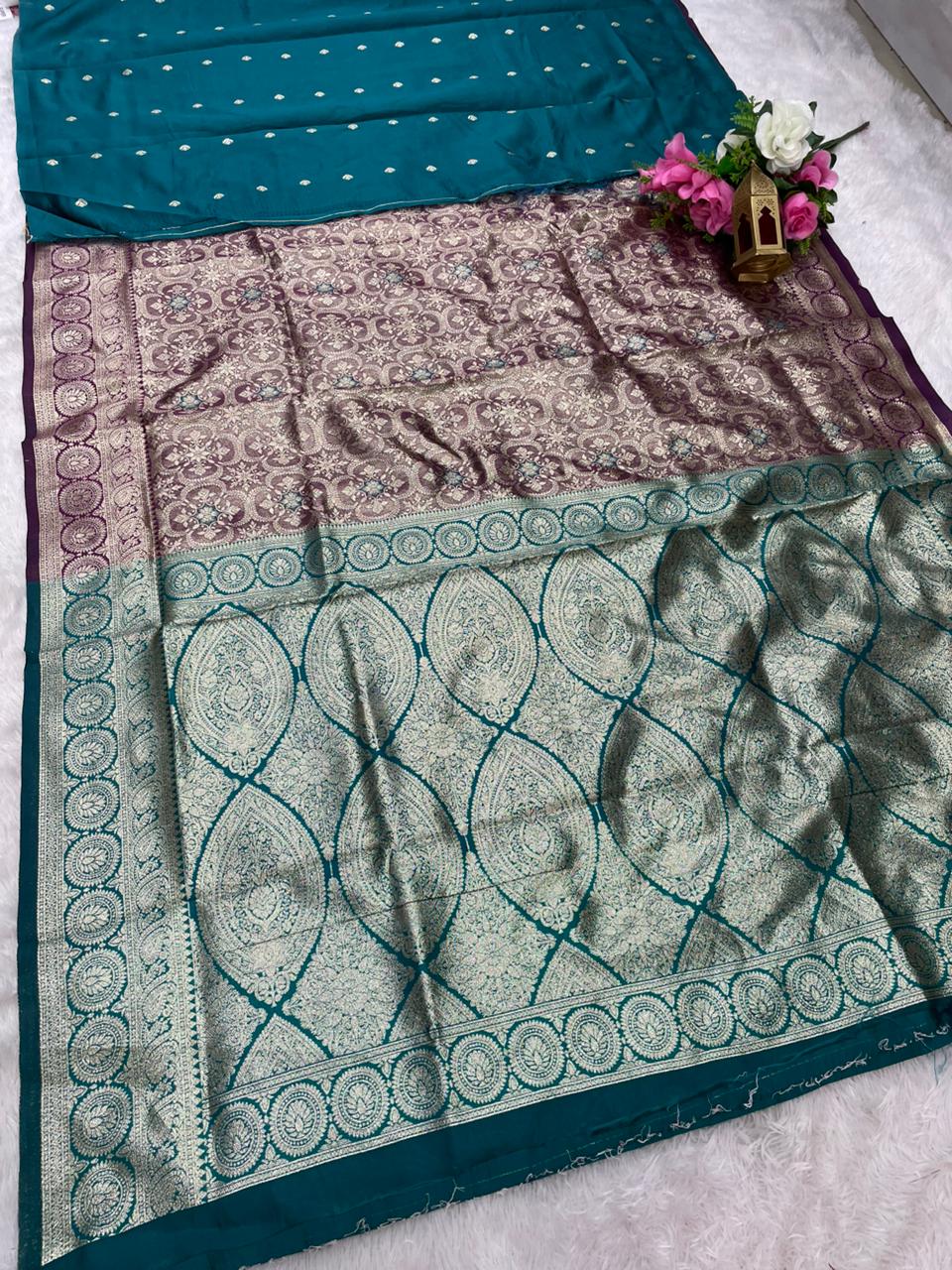 AJ-RASHLEELA TISSUE KOTA FABRIC SAREE WITH CONTRAST PALLU WITH MEENAKARI DESIGN ON BODY WITH BUTTI CONRAST BLOUSE