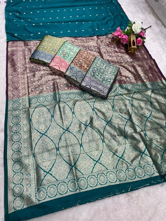 AJ-RASHLEELA TISSUE KOTA FABRIC SAREE WITH CONTRAST PALLU WITH MEENAKARI DESIGN ON BODY WITH BUTTI CONRAST BLOUSE