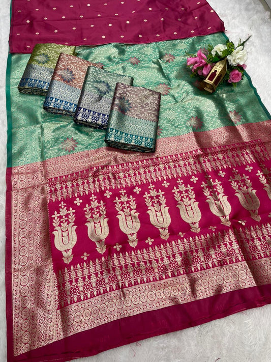 AJ-MANOHARI TISSUE KOTA FABRIC SAREE WITH CONTRAST PALLU WITH MEENAKARI DESIGN ON BODY WITH BUTTI CONRAST BLOUSE