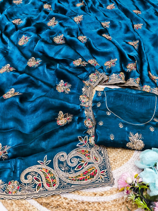 DF-ZOYAL FENDI FABRIC SAREE WITH HEAVY JARKAN WORK ON BUTTA AND BORDER WITH CUTWORK WITH HEAVY BLOUSE