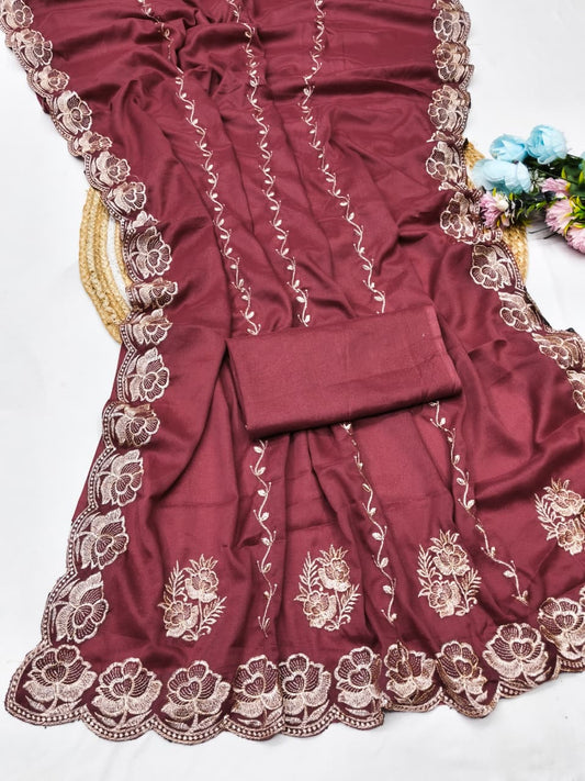 DF-RIWAZ STAR GEORGETTE FABRIC SAREE WITH EMBROIDERY WORK WITH FLOWER DESIGN WITH PLAIN BLOUSE