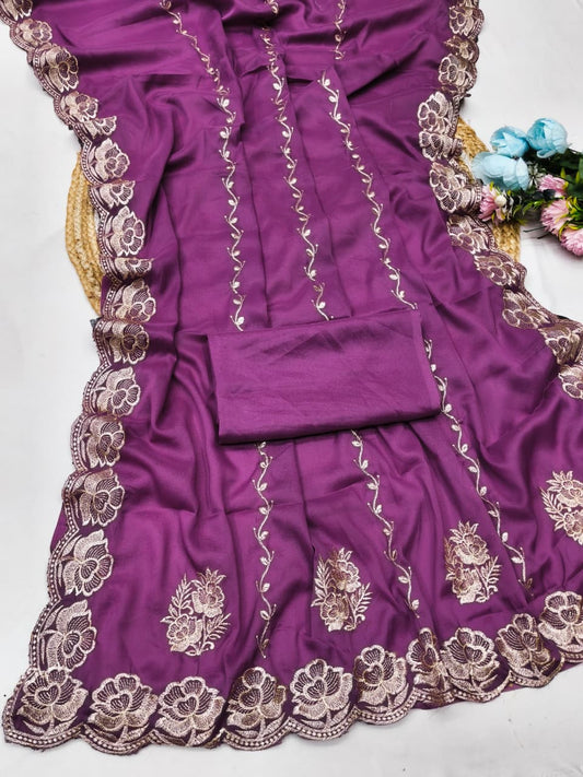 DF-RIWAZ STAR GEORGETTE FABRIC SAREE WITH EMBROIDERY WORK WITH FLOWER DESIGN WITH PLAIN BLOUSE
