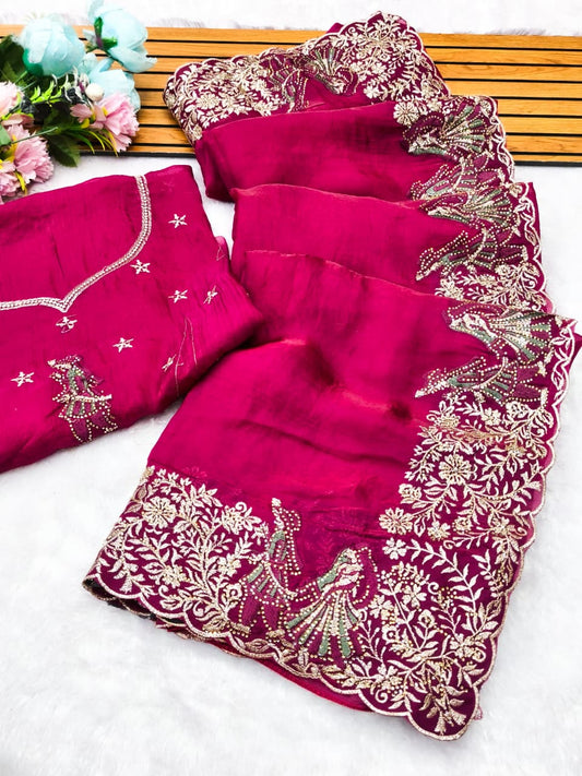 DF-RADHA RANI FENDI SATIN FABRIC SAREE WITH EMBROIDERY WORK WITH THREAD WORK WITH JODA DESIGN ON BORDER WITH MULTI DMC SIROSKI WORK ON SAREE WITH HEAVY WORK BLOUSE