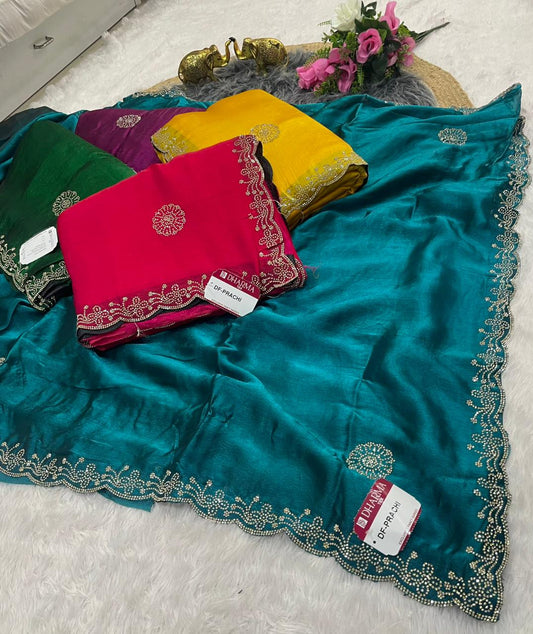 DF-PRACHI FENDI FABRIC SAREE WITH BEAUTIFUL SAREE WITH HEAVY JARKAN WORK ON BORDER AND BUTTA WITH CUT WORK WITH HEAVY BLOUSE
