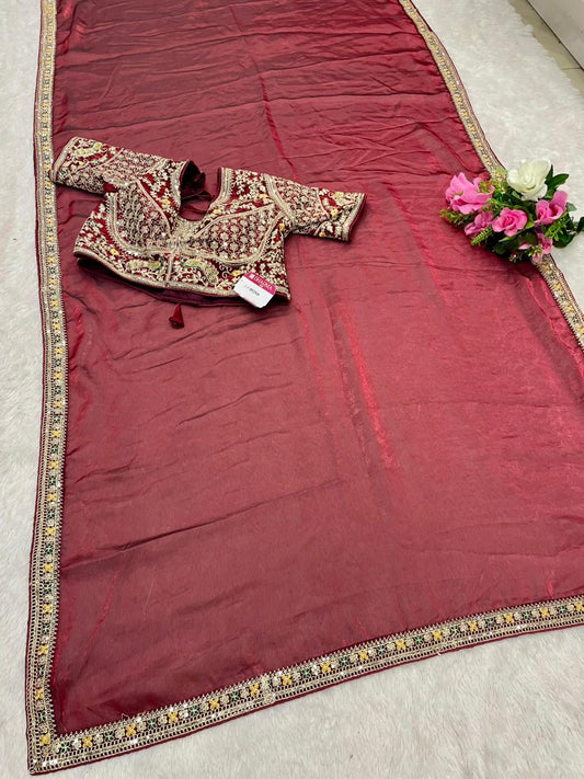 DF-MONA Satin Silk Saree with embroidery work with sequence work with thread work with heavy stitched blouse