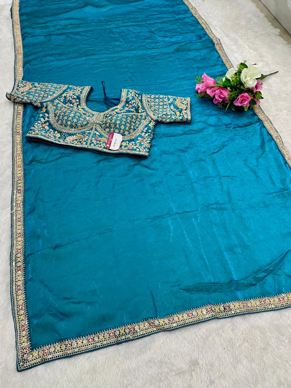 DF-MONA Satin Silk Saree with embroidery work with sequence work with thread work with heavy stitched blouse