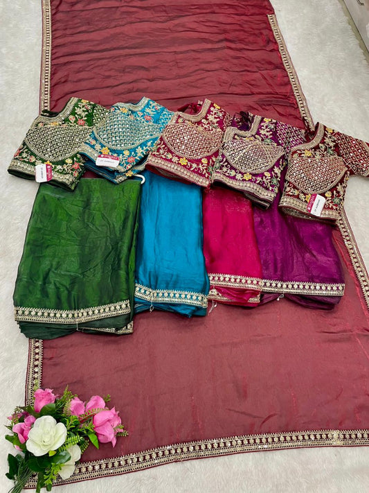 DF-AABHAR Satin Silk Saree with embroidery work with sequence work with thread work with heavy stitched blouse