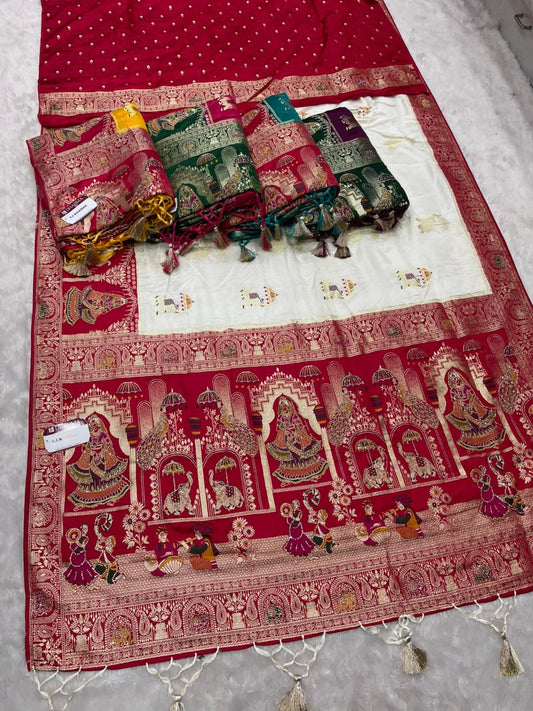 AJ-KHANAK NAYLON SILK FABRIC SAREE WITH BEAUTIFUL PALLU DESIGN WITH DIAMOND WORK PEACOCK DESIGN WITH AND ELEPHANT DESIGN WITH MEENAKARI WORK AND CHAP DYNG WORK WITH BEAUTIFUL TASSELS WITH BUTTI BLOUSE