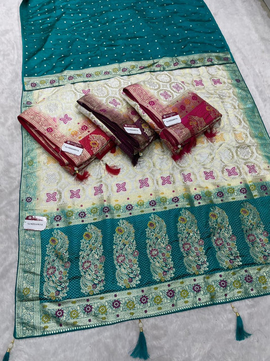 AJ-KESARIYA NAYLON SILK FABRIC SAREE WITH DIAMOND WORK AND BEAUTIFUL DESIGN WITH PALLU AND PIPING AND LATKAN WITH BUTTI BLOUSE