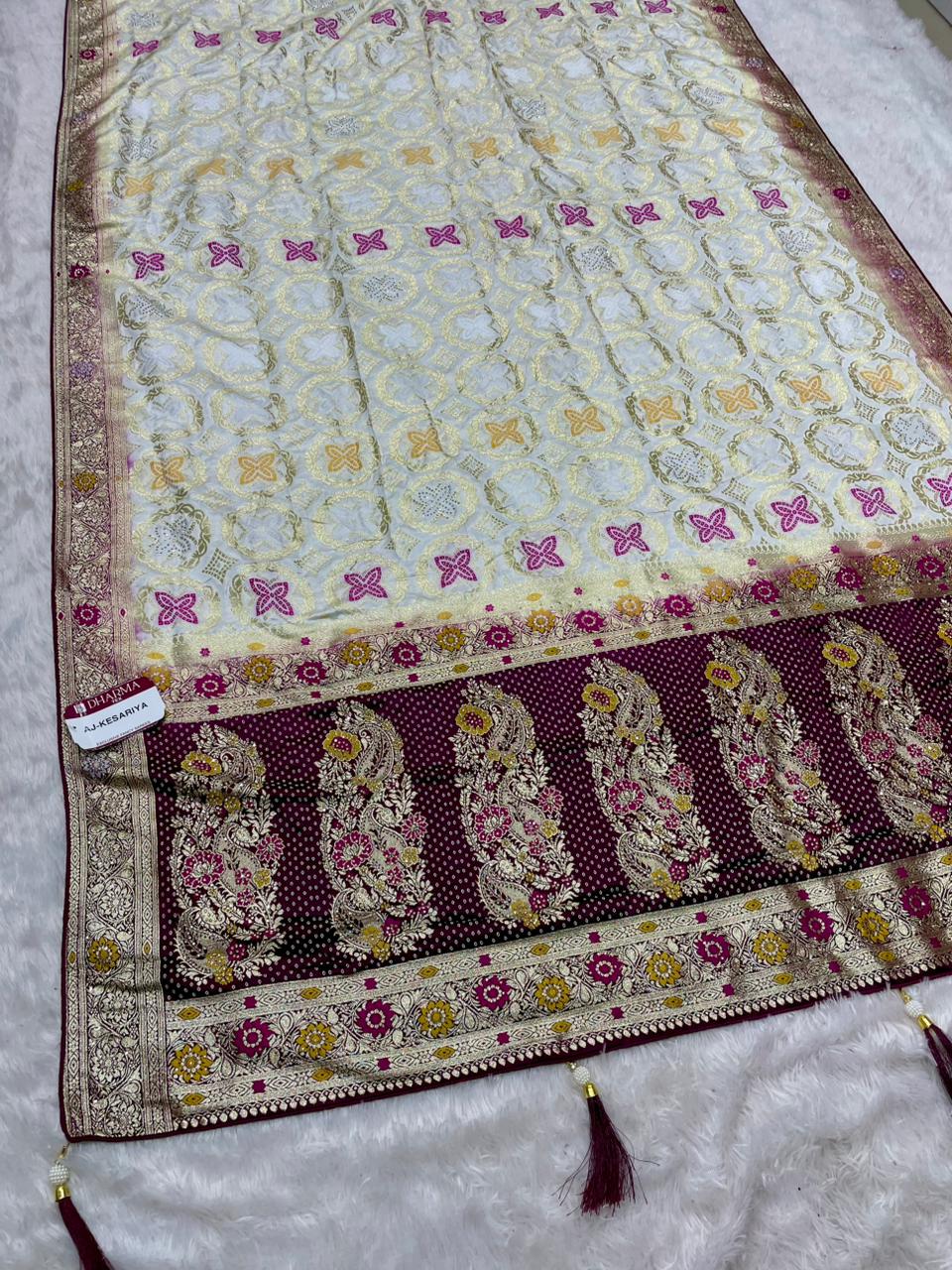 AJ-KESARIYA NAYLON SILK FABRIC SAREE WITH DIAMOND WORK AND BEAUTIFUL DESIGN WITH PALLU AND PIPING AND LATKAN WITH BUTTI BLOUSE