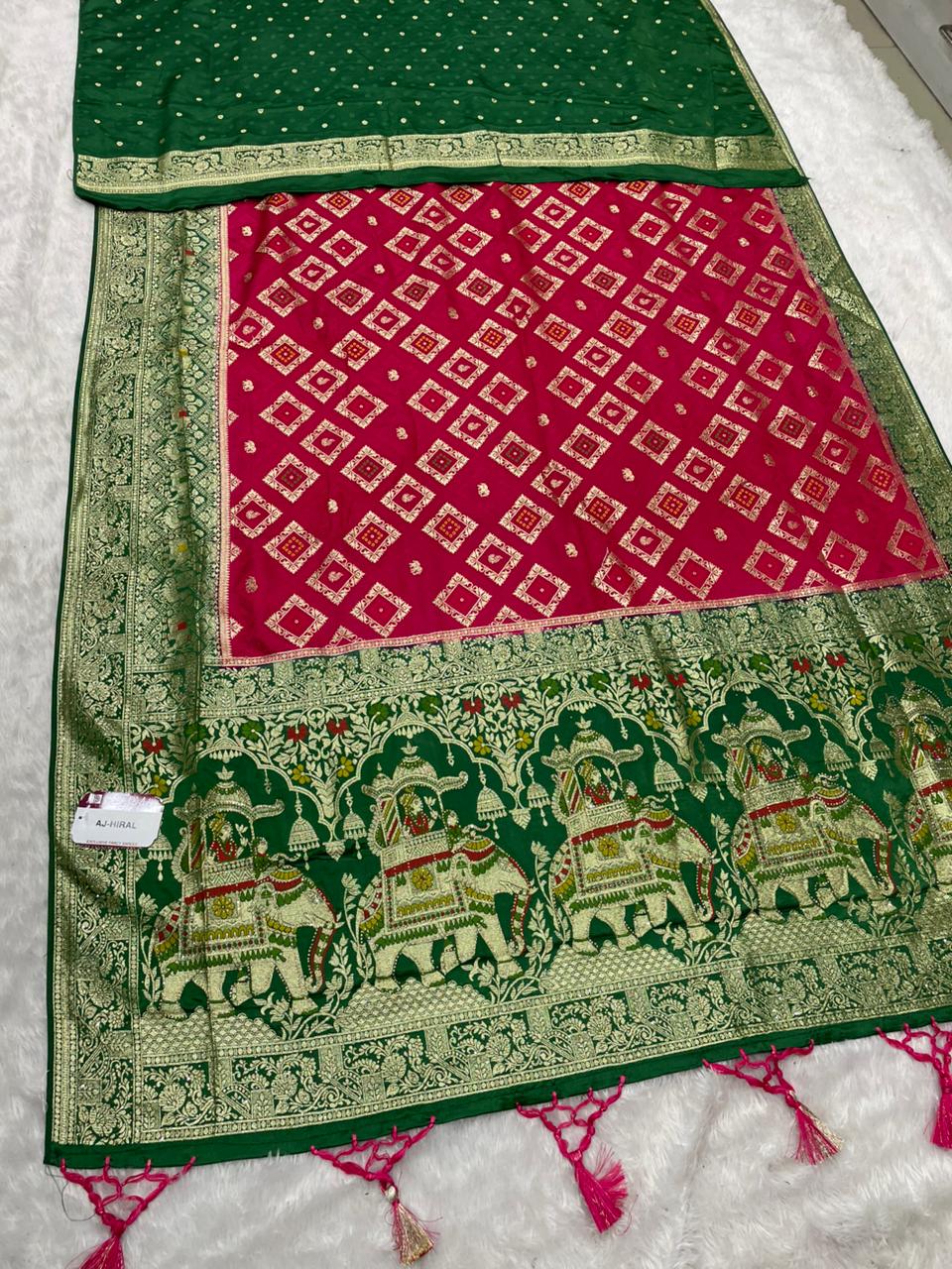 AJ-HIRAL NYLON SATIN SAREE WITH BEAUTIFUL CHAAP DYING WITH GAJRAJ PALLU WITH JARKAN AND MEENA WORK WITH BANDANI INSERTS ON BODY WITH BEAUTIFUL PANNEL DESIGN