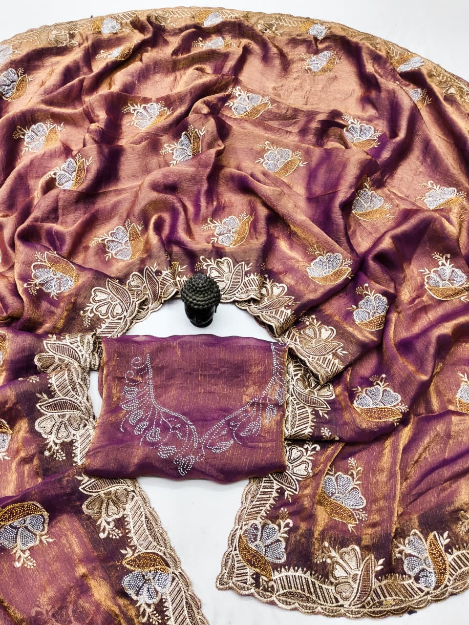 DF-RAKHI-2 FENDI SAREE WITH HEAVY EMBORIDERY WORK WITH BEAUTIFUL DESIGN WITH GOLD AND SILVER DIAMOND SIROSKE WORK