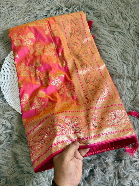 SA-7078 BANARASI SILK SAREE WITH RICH PALLU AND BEAUTIFUL LAHERIA DESIGN WITH BMC SIROSKI WORK WITH PIPING AND TASSELS