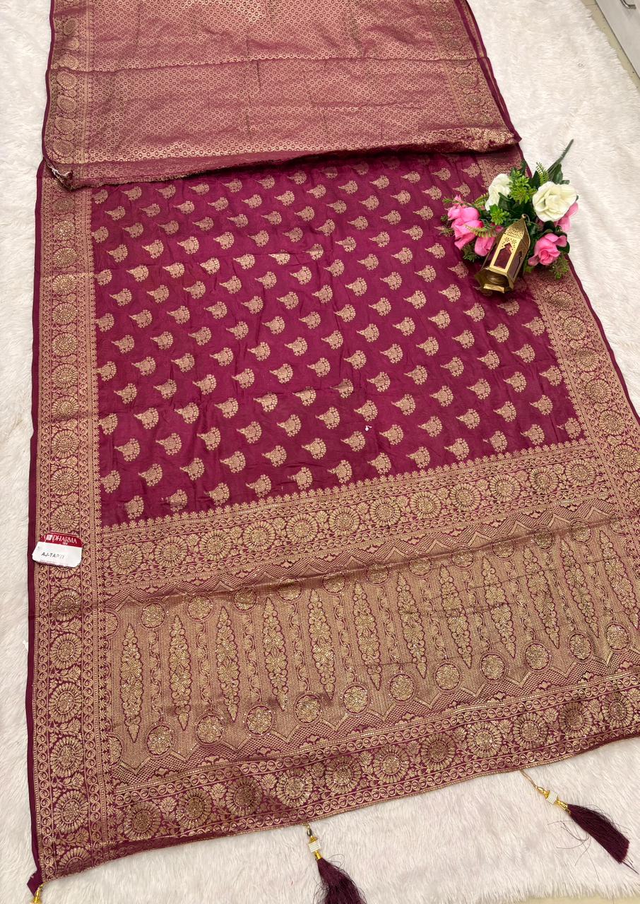 AJ-TAPTI SATIN FABRIC SAREE WITH HEAVY DM SIROSKI WORK WITH BEAUTIFUL DEISGN WITH PESTAL MATCHING COLOUR WITH TASSELS
