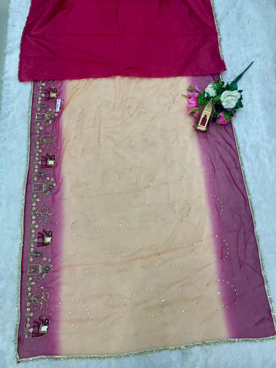 KAS-RADHA-3 CHINON FABRIC SAREE WITH SHADED COLOUR WITH BEAUTIFUL EMBROIDERY WORK WITH THREAD WORK AND SEQUENCE WORK WITH BLOUSE