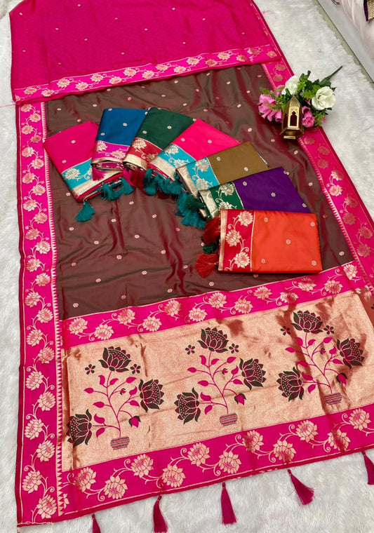 AJ-EKTA SOFT SILK FABRIC SAREE WITH BEAUTIFUL PAITHANI DESIGN WITH BEAUTIFUL FLOWER PRINT ON PALLU WITH BUTTI BLOUSE