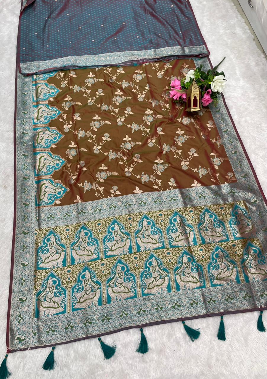 AJ-RANI SATI SOFT SILK FABRIC SAREE WITH BEAUTIFUL DESIGN WITH MEENAKARI WORK WITH BUTTI BLOUSE AND TASSELS
