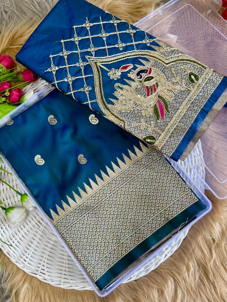 SA-7082 BANARASI SILK SAREE WITH PAITHANI PALLU WITH CARRY DESIGN ON PALLU WITH BEAUTIFUL HANDWORK BLOUSE