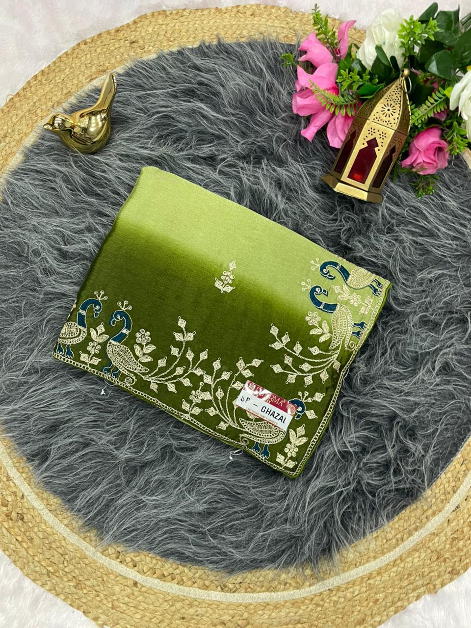 SB-GHAZAL SOFT FANCY FABRIC SAREE WITH SHADED COLOUR WITH BEAUTIFUL EMBROIDERY WORK WITH WORK BLOUSE