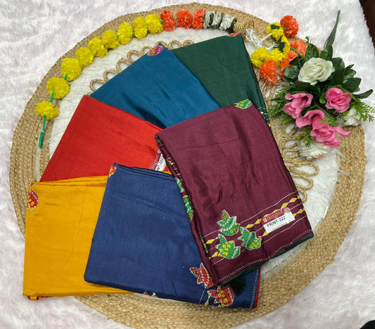 PRINT-3223 CHINON PRINTED FABRIC SAREE WITH BANDANI PRINT WITH SIROSKI BORDER WITH BLOUSE AND CONTRAST PIPING WITH LATKAN