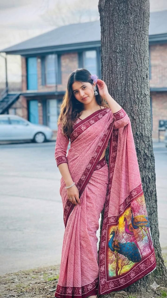 PRINT-3222 CHINON FABRIC SAREE WITH BEAUTIFUL PEACOCK DESIGN PRINT WITH PALLU WITH BANDANI DESIGN ON BODY WITH BLOUSE